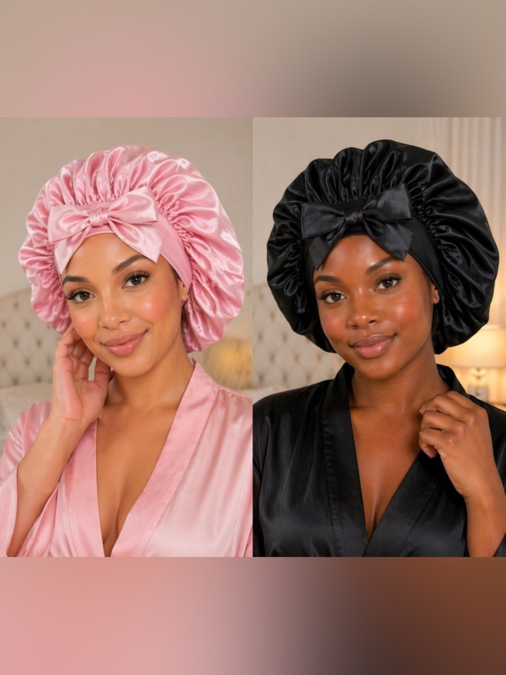 Silk Satin Sleep Bonnets 2-Pack Pink & Black Bonnet Queen Hair Care